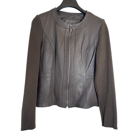 Jaclyn Smith Genuine Lambskin Leather & Knit Brown Jacket M - Picture 1 of 8
